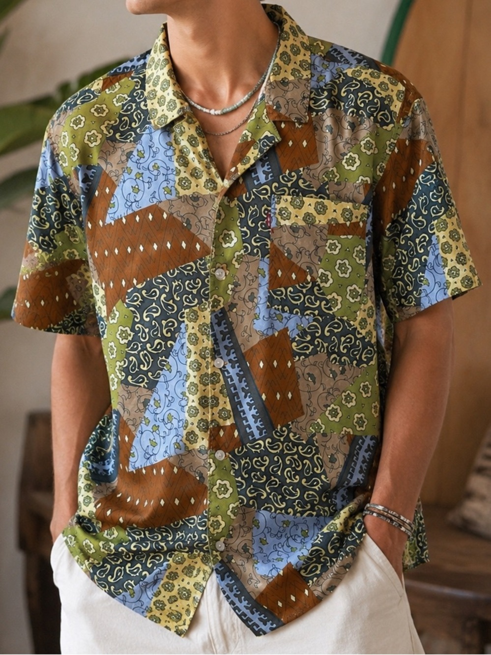 Levi’s Relaxed Fit Patchwork Print Button-Up Shirt Men’s XL Y2K Retro